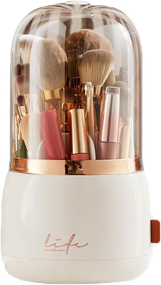 Upgrade Makeup Brush Holder Organizer with Lid, Automatic Lifting Dustproof Makeup Brushes Organizer with 4 Compartments for VanityCosmetic Storage for Dresser Countertop (White transparent)