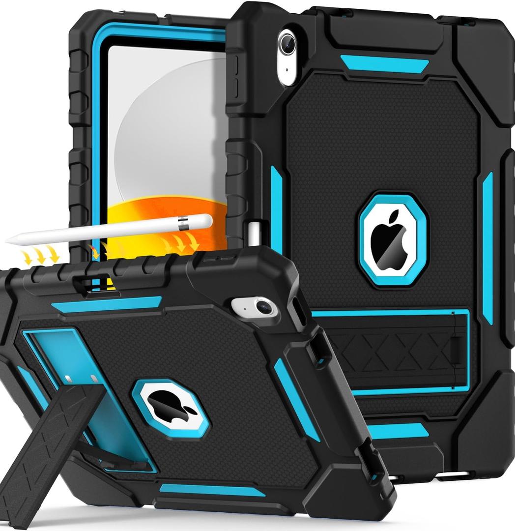 Grifobes for iPad A16 Case 11th Generation 11 inch 2025 / iPad 10th Generation Case 10.9 inch 2022, Heavy Duty Military Grade Shockproof Cover with Pencil Holder for i Pad 11/10 (Black, SkyBlue)
