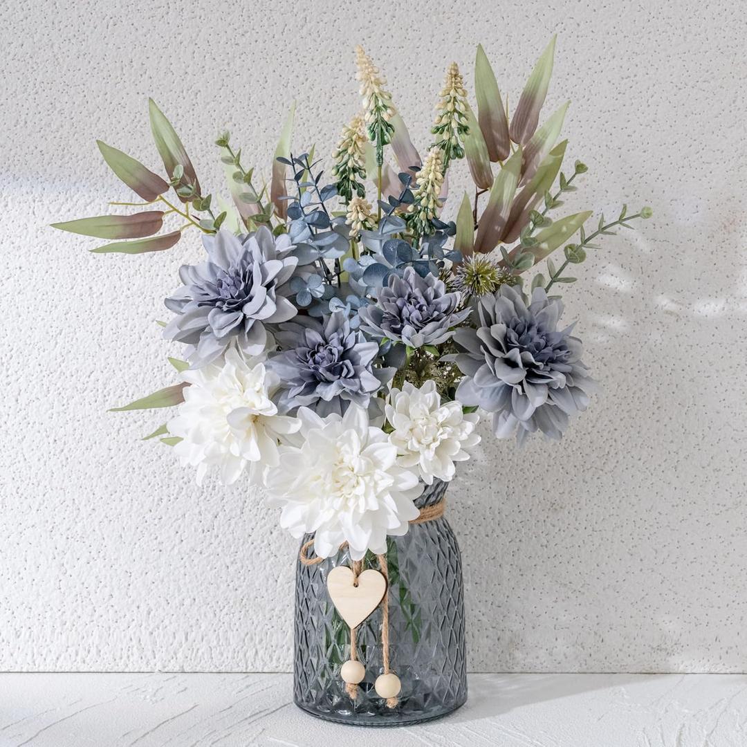 LUEUR Fake Flowers with Vase, Silk Roses Artificial Flowers in Vase Faux Flowers Arrangement Suitable for Home Kitchen Living Room, Fall Spring Decor for Office, Centerpiece Table Decorations (White-dahlia)