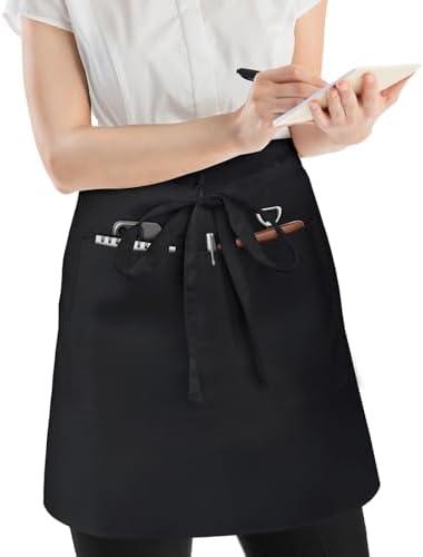2 Pcs NLUS Server Apron with 4 Pockets, Water Oil Stain Resistant Waitress Waiter Apron Black Waist Aprons Bistro Apron for Women Men, 34" W x 22" H