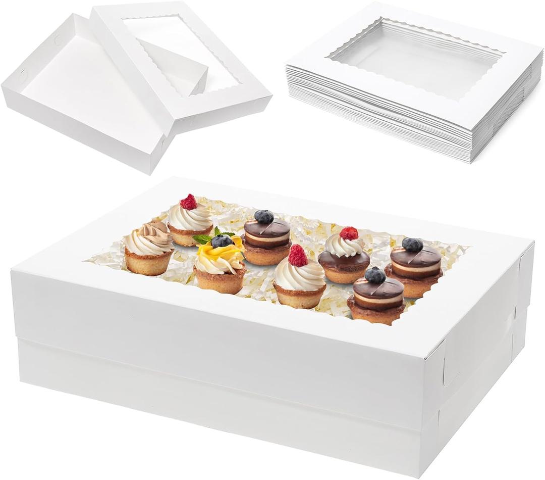 Mefleet 10pcs 19x14x5 Half Sheet Cake Boxes with Window Rectangle 1/2 Sheet Bakery Boxes for Pastry Baking Cake, Cupcakes, Donuts, Cookies, Pie Treat Packaging White Large