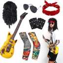Halloween 80s Rocker Costume Set for Men Hippie Wig Tattoo Sleeve Gloves Headband Inflatable Guitar Punk Props Accessories(red)
