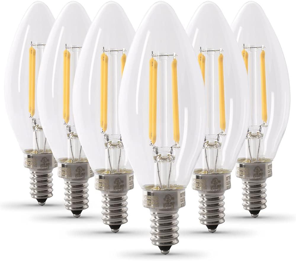 Feit Electric 60W Equivalent Candelabra LED Light Bulb, Dimmable, E12 Base, 5000K Daylight, B10 Filament Torpedo Tip Decorative Lighting Bulbs, 13-Year Lifetime, CTC60/950CA/FIL/6, 6-Pack
