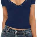 Women's Short Sleeve Sexy Lace V-Neck Summer Going Out 2025 Crop Tops Slim Fit Tees Trendy Y2k Clothing, XS, Black