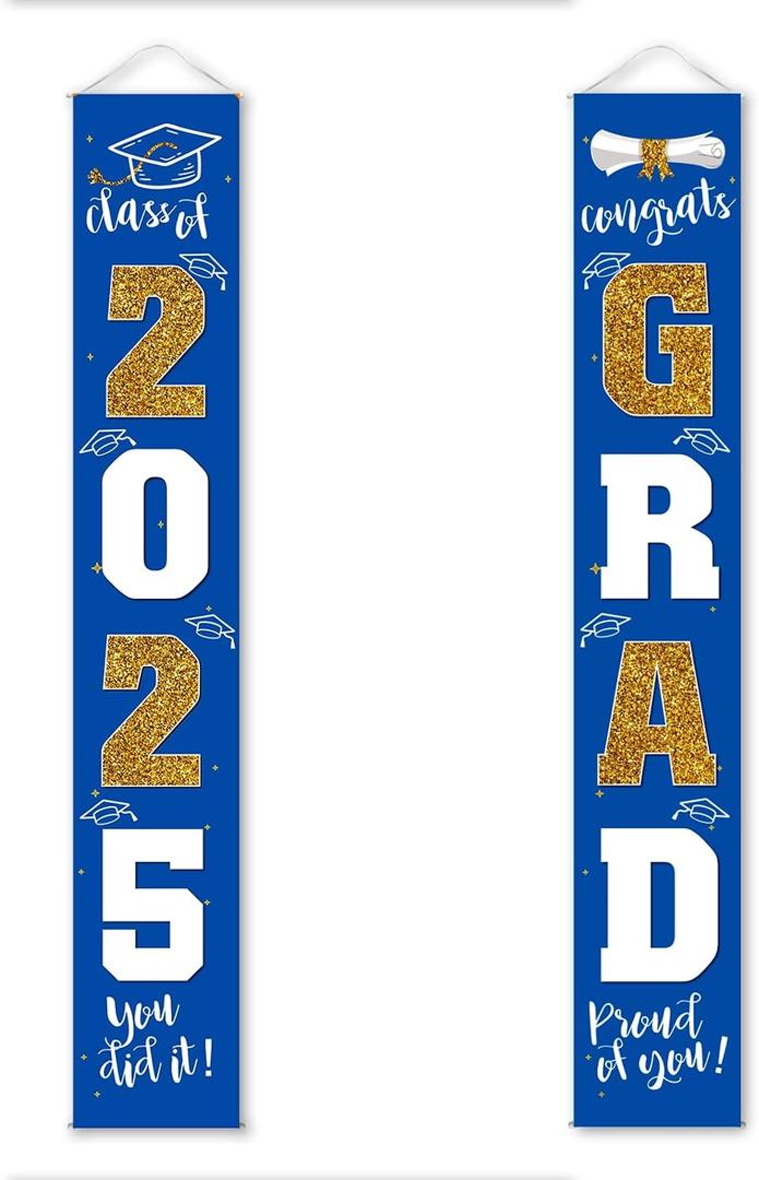 Graduation Decorations 2025 Banner Porch Sign Blue Gold for Class of 2025 Graduates Party Supplies