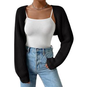 Women's Long Sleeve Open Front Knitted Crop Cardigan Drop Shoulder Knit Bolero Shrug Sweater (Medium, Black)