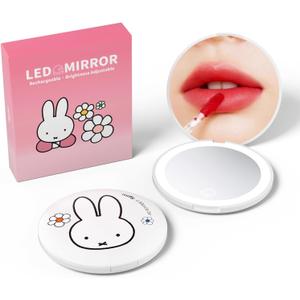 Miffy Handheld LED Makeup Mirror, Foldable 2-Side 1x/10x Magnification,Pocket Small Lighted Mirror for Travel, Rabbit Shape (Pure White)
