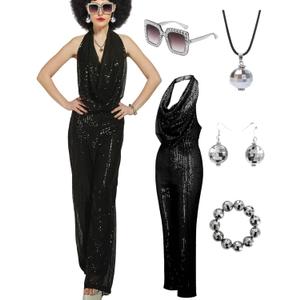 Gold 70s Disco Costume: Women's Sequin Backless Halter Neck Jumpsuit with Disco Ball Accessories (Medium, Black)