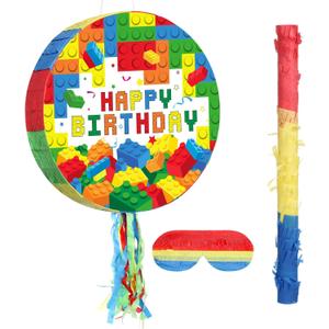 Jexine Birthday Block Piata Set Birthday Building Piata with Blindfold, Bat, Stick Blocks Party Supplies for Carnival Fiesta Party Supplies Event Decoration