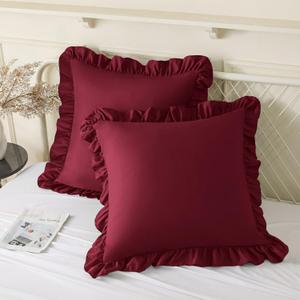 KKJIAF Ruffle Pillow Cases 18x18 Inches, Burgundy Square Ruffled Pillow Covers Set of 2, Microfiber Wrinkle Resistant Pillow Shams with Envelope Closure for Sofa Bed Living Room