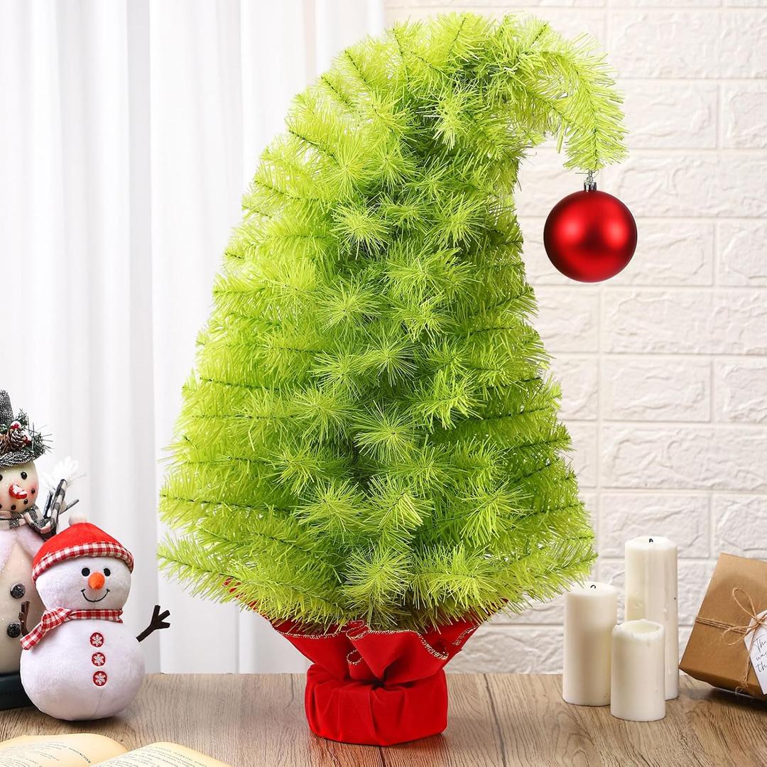 2Ft Christmas Tree Decorations, Mini Tabletop Christmas Tree with Red Thread Balls Lime Green Christmas Decorations for Centerpiece Tabletop Home Office Decor