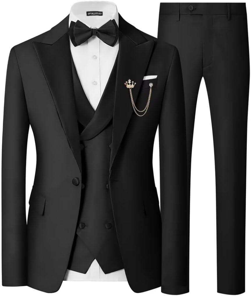 Mens 3 Piece Tuxedo Suit Slim Fit Wedding Prom Dinner Tuxedo for Men Double Breasted Suits Set with Bow Tie (Black) XL