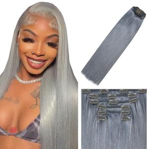 Grey Clip in Hair Extensions Human Hair, Gray Straight Remy Human Hair Extensions Clip ins for Women, 14 Inch 120g 7Pcs, Silver Hair Extension