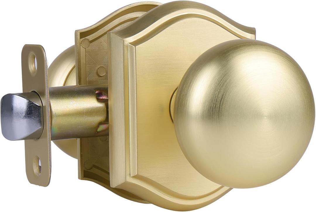 Door Knobs Interior, Classic Decorative Satin Brass Passage Door Knob Perfect for Bedroom or Bathroom Doors, Durable Stylish Hardware for Indoor Use- 1 Pack
