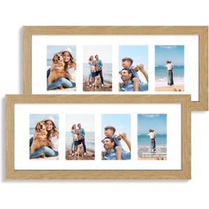 8x20 Picture Frame Set of 2, Natural Oak Wood Frame with Tempered Glass Collage Frame, Display Pictures Four 4x6 With Mat or 8 x 20 Without Mat - Horizontal or Vertical Wall Mounting