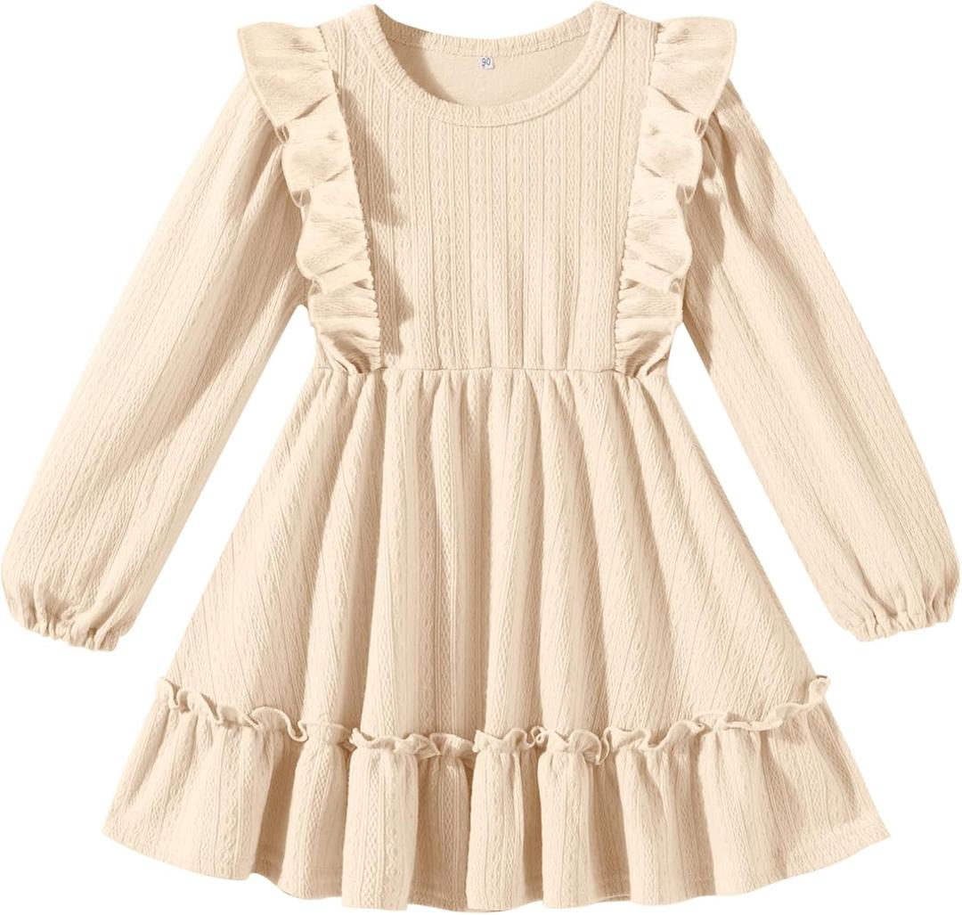 Kionio Toddler Baby Girl Dress Girls Sweater Dresses Ruffle Ribbed Knit Long Sleeve Swing Fall Winter Clothes Christmas (18-24 Months, A Line Light Apricot)