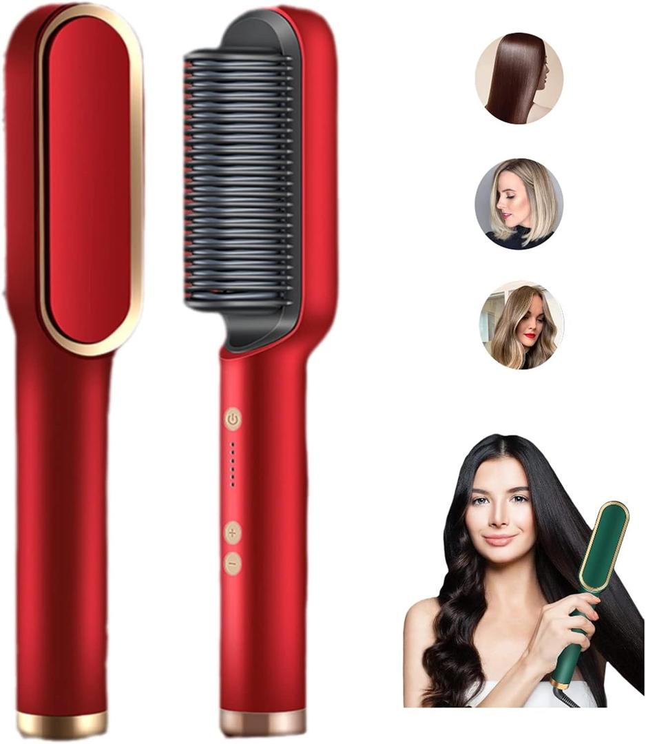 2023 Negative Ion Straightening Brush, Curler & Heated Hair Styler - 5 Temperature Settings, 2-in-1 Styling Comb with Fast Heating and Anti-Scald, Portable Electric (Red)