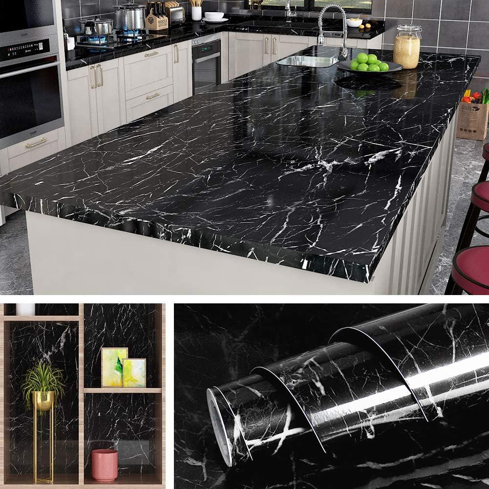 Livelynine 197 x 24 Inch Wide Marble Black Contact Paper Peel and Stick Kitchen Countertop Peel and Stick Counter Top Paper Table Desk Dresser Cover Bathroom Waterproof Wallpaper for Countertops (24"W x 197"L, Black Marble)