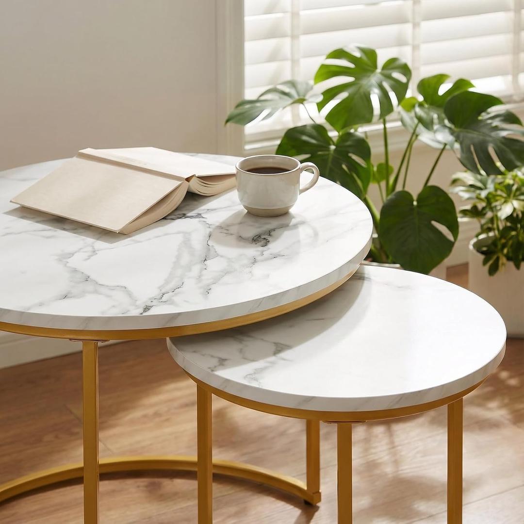 Round Nesting Coffee Table Set of 2, Modern Marble Pattern Wooden Nesting Tables, Stacking Minimalist Nesting Tables for Living Room Bedroom Small Space, (Gold Leg+White top)