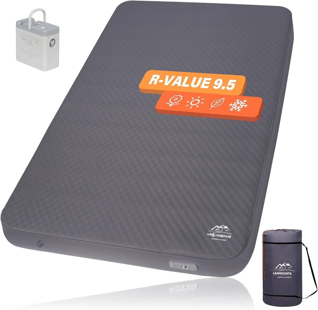 Self Inflating Sleeping Pad,Double Camping Mattress w/Detachable Electric Pump,4 - Inch Thick Memory Foam for Ultimate Comfort, Suitable for Family,Outdoor,Road Trip,4 - Season Use,Gray, Twin
