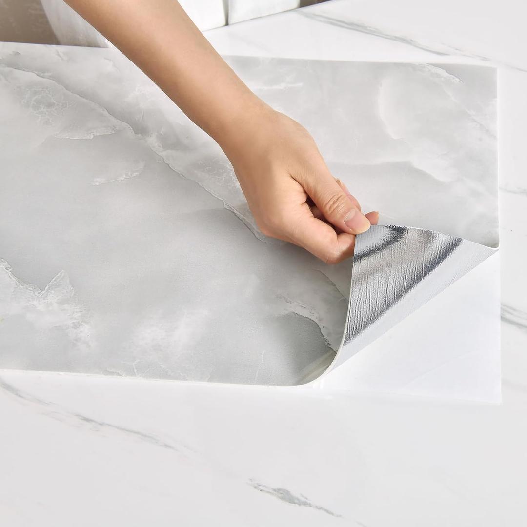 Haimin Wall Panels Peel and Stick 10 Pieces 23.6x11.8in (19.4 Sq.Ft. Coverage) Lightweight Backsplash Marble Look Tile (not Real Marble) Ideal for Kitchen Living Rooms Bedrooms (Light Gray-MNH)