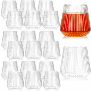 Tebery 20 Pack Plastic Ribbed Wine Glasses, 12 Oz Origami Style Ridged Drinking Glasses Tumbler, Unique Vintage Stemless Cups Disposable & Reusable for Champagne, Dessert, Catering, Weddings