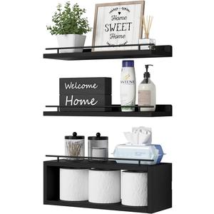 WOPITUES Floating Shelves for Wall with Cube Shelf, Wall Shelves with Metal Rail for Bathroom Decor, Bathroom Organizers and Storage, Over Toilet Shelves for Toilet PaperBlack