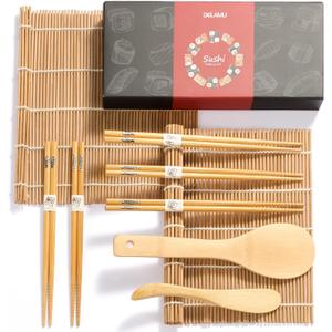 Delamu Sushi Making Kit, Bamboo Sushi Mat, Including 2 Sushi Rolling Mats, 5 Pairs of Chopsticks, 1 Paddle, 1 Spreader, 1 Beginner Guide PDF, Beginner Sushi Kit, Sushi Plates