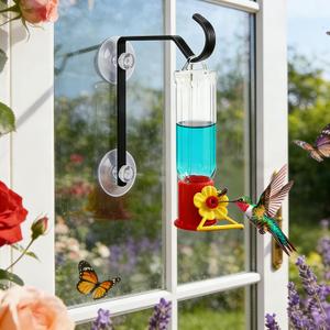 2 Pack Window Hummingbird Feeder with Hooks, 2 Mini 2.2oz Transparent Plastic Flower Feeders, Heavy-Duty Metal Suction Cup Hangers, Dual Installation for Window, Glass & Wall