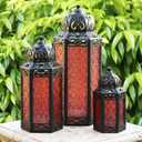 VELA LANTERNS Set of 3 Red Glass & Black Metal Moroccan Candle Lantern Holders (XL, Large, Small) - Decorative Indoor/Outdoor Decor for Patio, Floor, Weddings & Ramadan