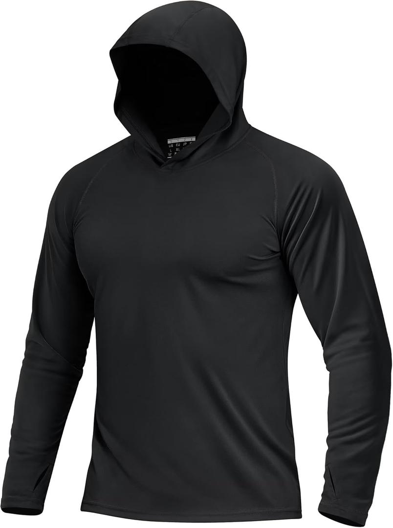 Boladeci SPF Shirts for Men Fishing Hoodie UPF 50+ Long Sleeve Sun Protection UV with Hood Summer Water Rash Guard Swim Shirt Rashguard Tops (Black, M)