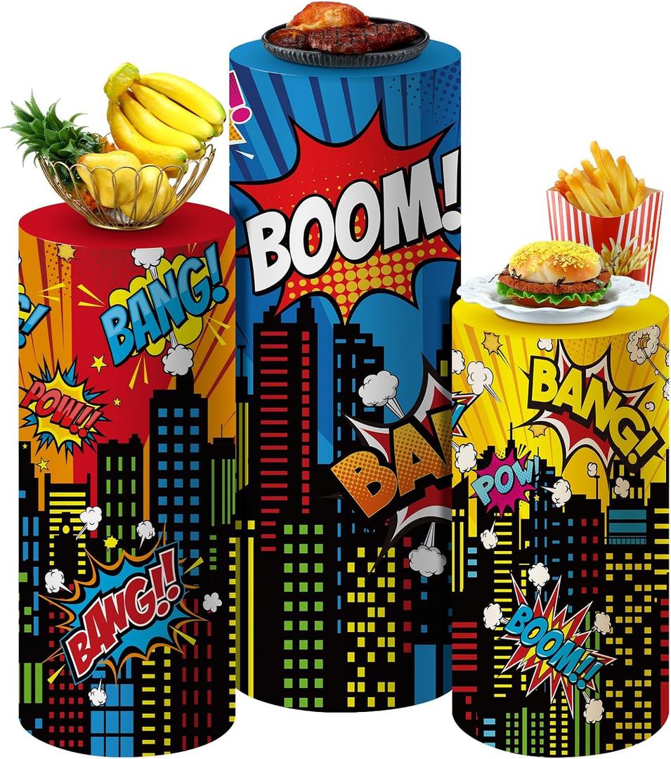 SmoothNovelty 3 Pcs City Theme Hero Party Supplies Hero Cylinder Pedestal Stand Covers Spandex Plinth City Covers Cityscape Buildings Decor for Birthday Party Shower Props Decor