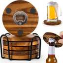 2-in-1 Wood Coasters with Bottle Opener, Set of 6 with Holder Funny Acacia Wood Drink Coasters with Stainless Steel Openers & Non-Slip Feet  Durable and Functional for Beer or Soda Drinking