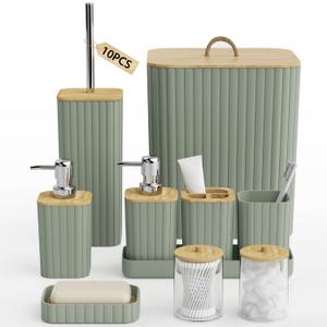 InnJoey Bathroom Accessories Set - 10PC Bathroom Set, Sage Green Bathroom Set, Bathroom Accessories Set, Toilet Brush, Bathroom Trash Can & Soap Dispenser