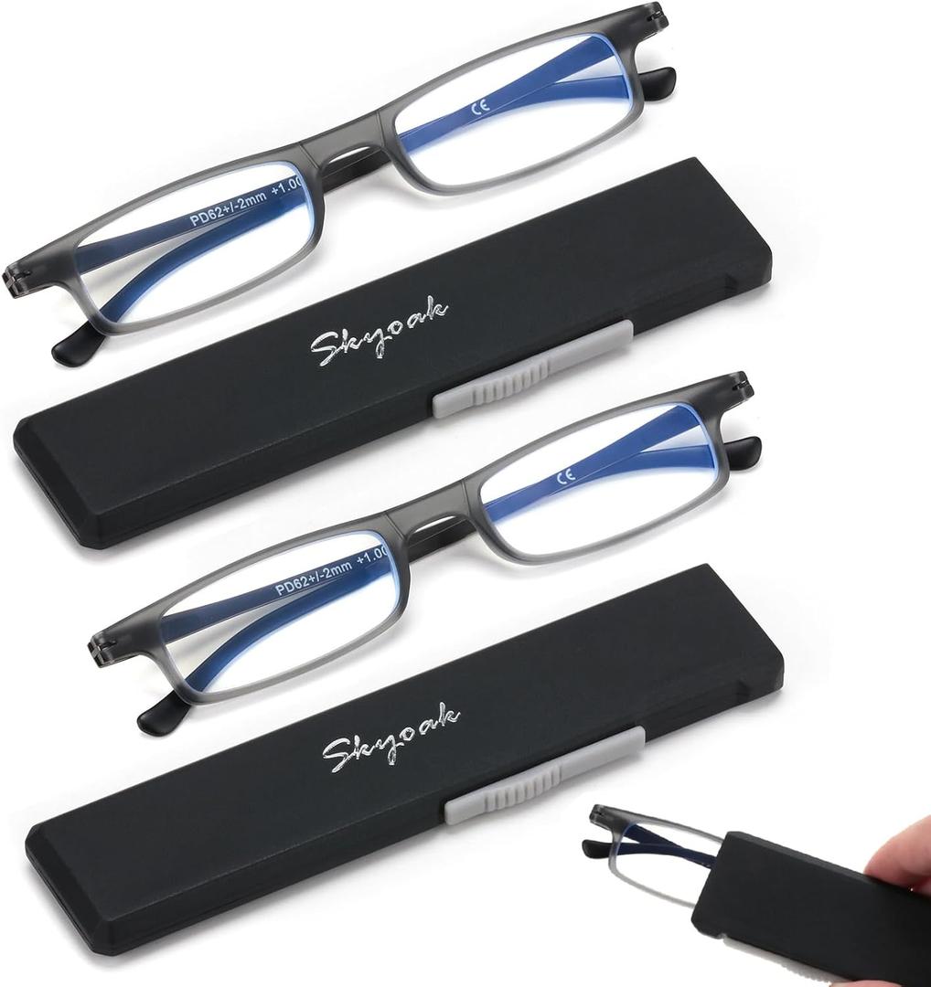 2 Pack Ultra thin Lightweight Folding Reading Glasses Women Men TR90 Blue Light Blocking Anti UV/Eyestrain Foldable Compact Computer Readers Portable Unique Stretchable Slim Flat case Gunmetal +2.5