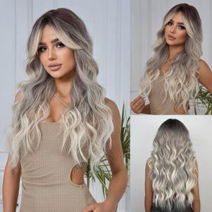 Women Long Ombre Grey Wavy Wigs with Black Root 26 Inch Charming Wigs Natural Looking Synthetic Heat Resistant Fiber Wig for Daily Party Use