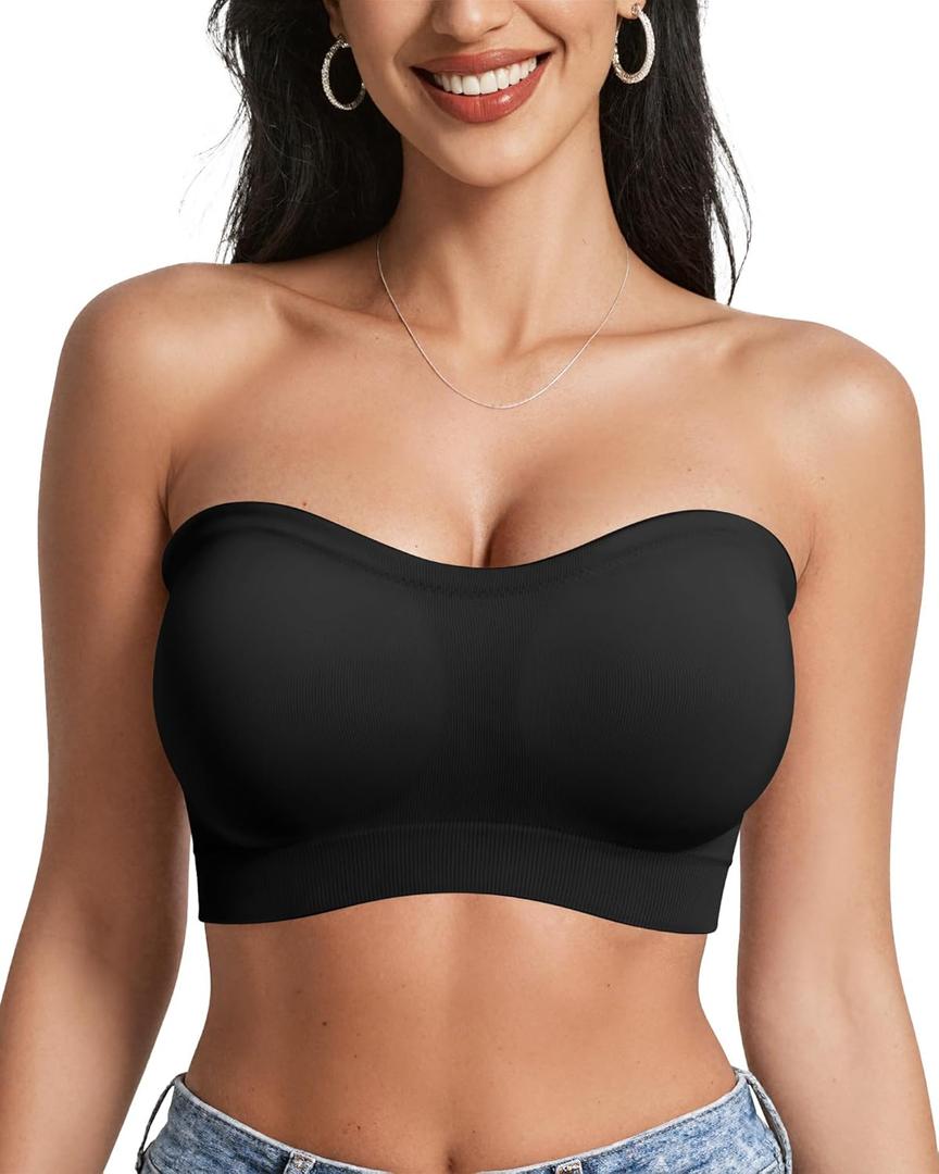OEAK Strapless Bras for Women Wireless Bandeau Bra Non Slip Push Up Tube Top Seamless Bras Comfortable Padded Bralette (Black, XL)