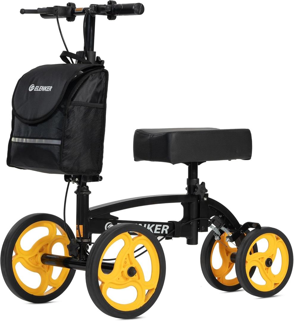 ELENKER Steerable Knee Scooter, Foldable Knee Walker with Basket Dual Braking System, Knee Scooters for or Angle and Injured Foot Broken Black