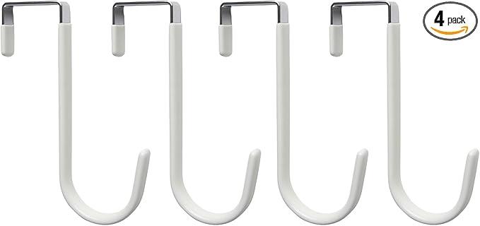 Over The Door J Hooks, Metal Hanging Hooks with Soft Rubber Coating for Kitchen, Bathroom, Closet, Cabinet Doors, Slim Gap Fit for Doors Under 1.4" (White - Pack of 4)