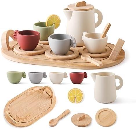 Youuys Wooden Tea Party Set for Toddler 3-5,Kids Tea Sets for Little Girls 4-6, 14pcs Silicone Kitchen Accessories, Pretend Play Montessori Toys with Tray for 3 4 5 6 Year Old Birthday