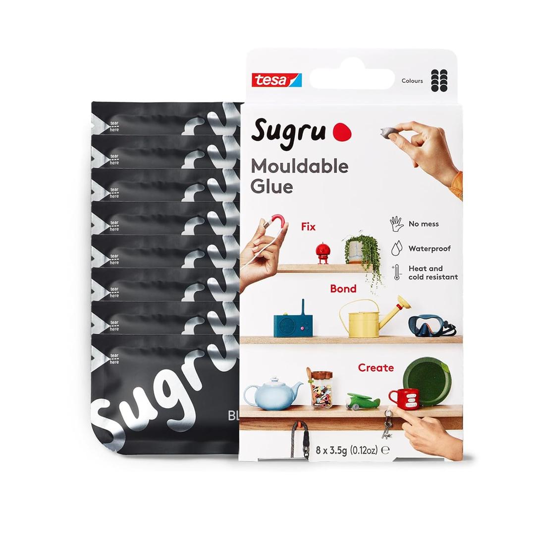 Sugru Silicone Super Glue - Waterproof All-Purpose Wall Putty + Moldable Glue for Crafting + DIY Home Improvement - Removable + Kid-Safe - Indoor/Outdoor Use - 8 Pack - Black (3.5g/ea)