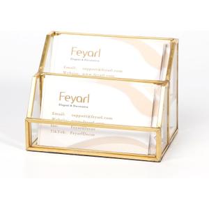 Feyarl Gold Glass Business Card Holder 2 Slots Name Cards Display Stand Business Cards Organizer Storage for Office Meeting Front Desktop Countertop