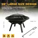 Outdoor Wood Burning Fire Pit, Heavy Duty Round Steel Fire Bowl for Backyard, Patio, Camping, Bonfire, Black Finish, with Mesh Spark Screen and Hook