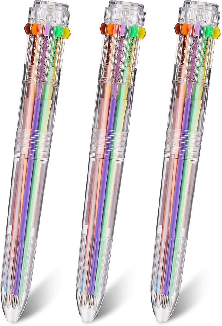 Zonon 3 Pieces 10 In 1 Multicolor Ballpoint Pens Retractable 0.7mm Transparent Barrel Ballpoint Pen for Office School Supplies Students Children Gift