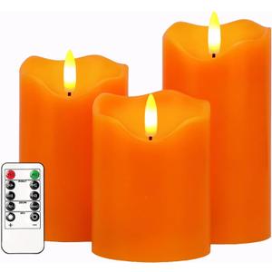 AVEKI Flameless Candles Lights, Halloween Orange Candles Set of 3 Flickering LED Candles with Remote & Timer, Dimmable Battery Operated LED Pillar Candle for Holiday Thanksgiving Decor