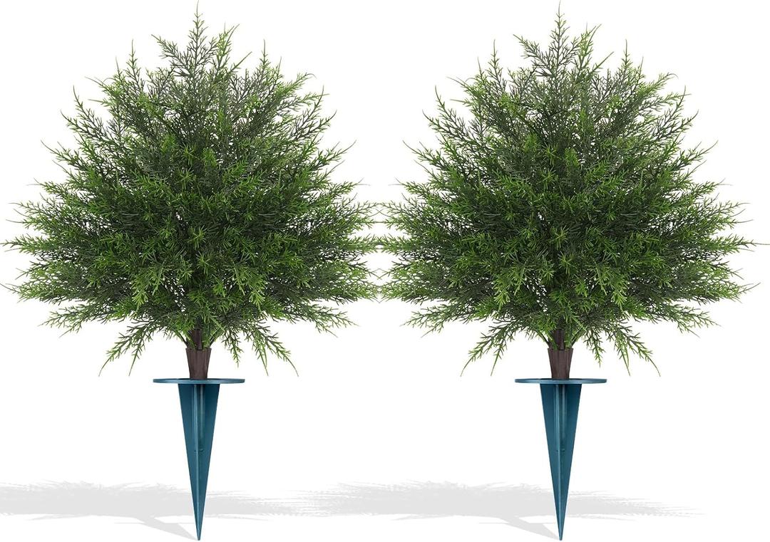 Grooy Artificial Cypress Topiary Bushes with Spike, 2 Pack Faux UV Resistant Cedar Ball Trees for Outdoor Planters, Fake Shrubs Plants for Porch Garden Decor