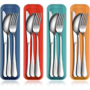 Yinkin 4 Pack Portable Travel Utensils Set with Case Reusable Stainless Steel Silverware Flatware Camping Cutlery Include Fork Spoon Knife for Work School Dishwasher Safe(Mixed Color)