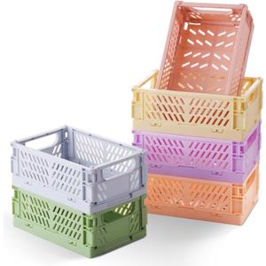 HUUSMOT 6-Pack Small Pastel Plastic Storage Baskets, Collapsible Crates for Organizing, Space-Saving Mini Bins for Classroom, Kitchen, Office, Bedroom (5.9" x 3.8" x 2.2") (Yellow, Orange, Purple, Cherry Pink, Light Blue, Green)