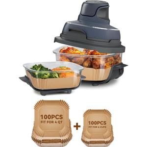 200PCs Air Fryer Paper Liners for Ninja Crispi FN101GY/FN101SG/FN101ST,100pcs Large for 4-QT & 100pcs Small for 6-Cups Container,Non-Stick Glass Air Fryer Disposable Accessories Square Free of Bleach