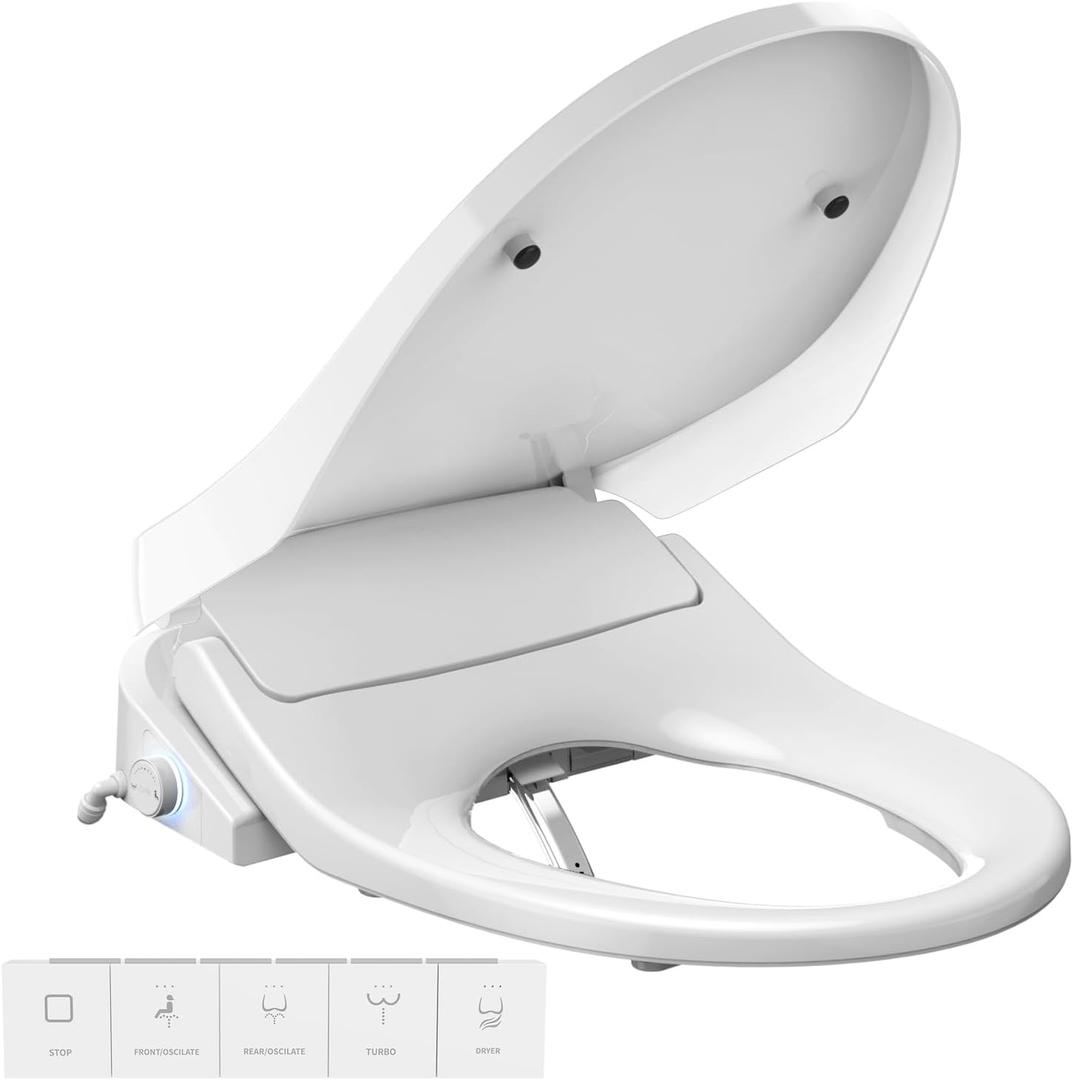 Electric Bidet Toilet Seat Elongated, Heated Toilet Seat with Adjustable Warm Water & Air Dryer, 6 Wash Modes, Dual Control, Self-Cleaning Nozzle, Soft-Close Lid, Night Light, Eco & Child Friendly